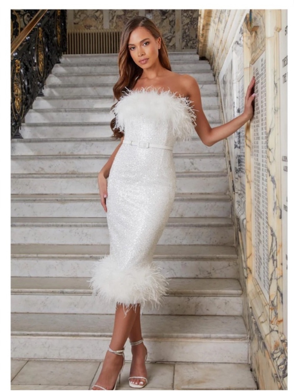 NADINE MERABI Katie dress, White Feather-Trim Strapless Sequin Midi (no belt)